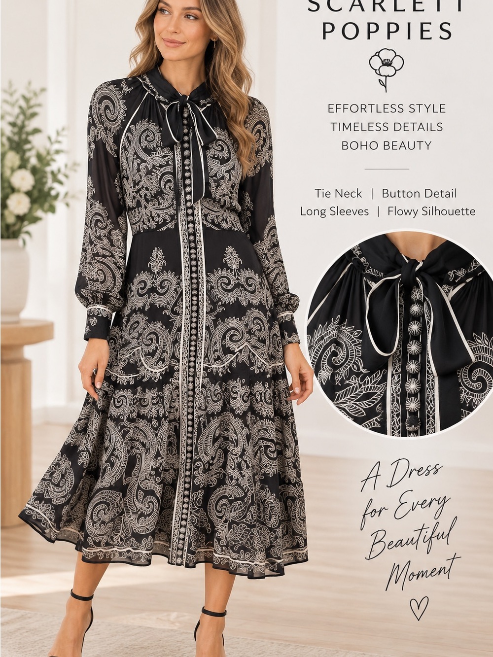 Scarlett Poppies Black Paisley Tie-Neck Midi Dress